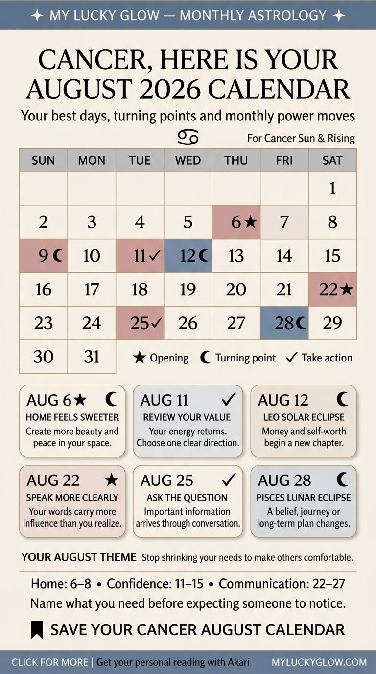 Cancer August 2026 astrology calendar showing best days and key dates
