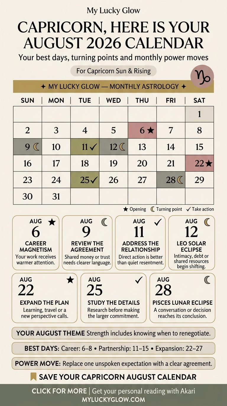Capricorn August 2026 astrology calendar showing best days and key dates
