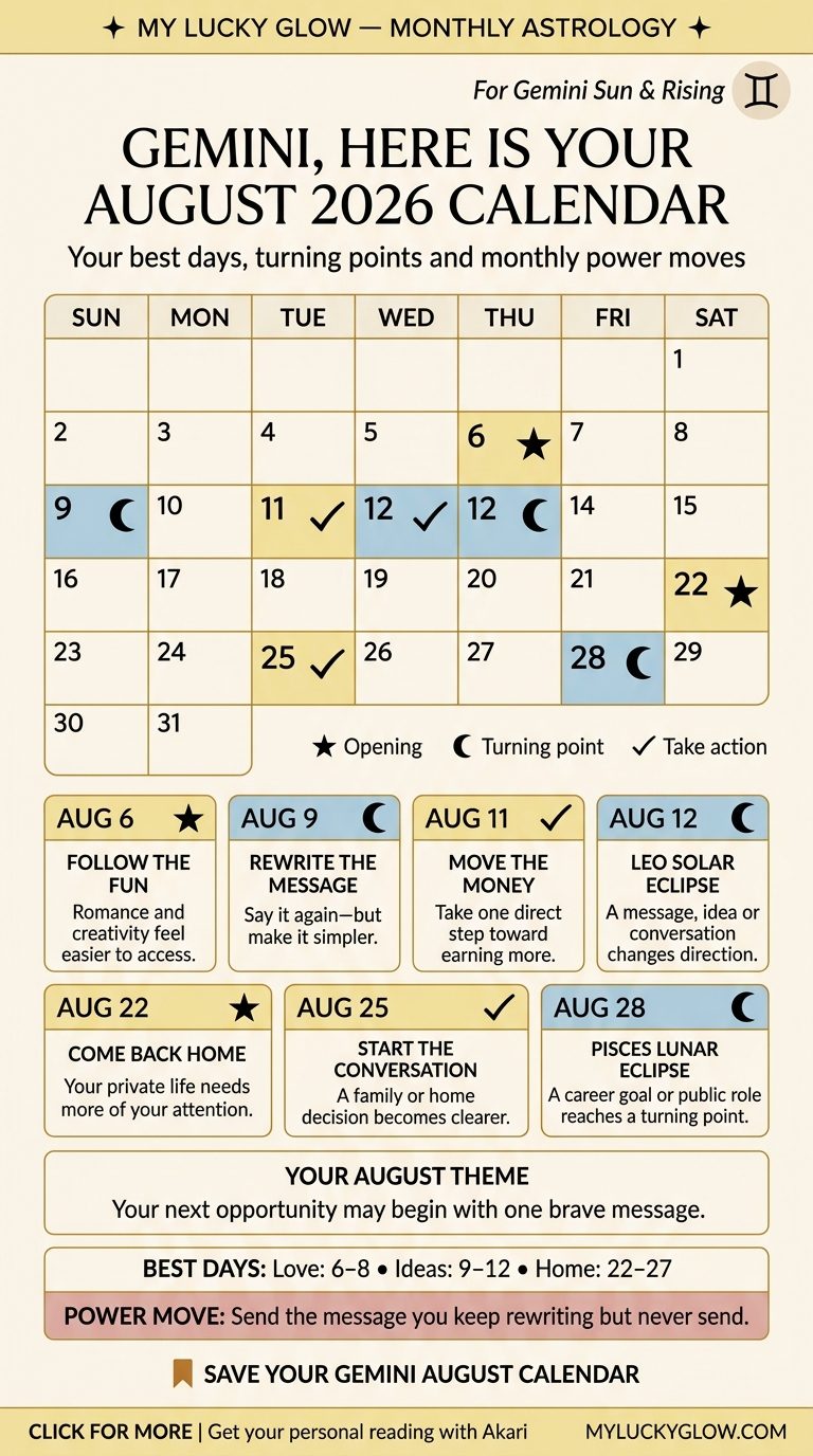 Gemini August 2026 astrology calendar showing best days and key dates