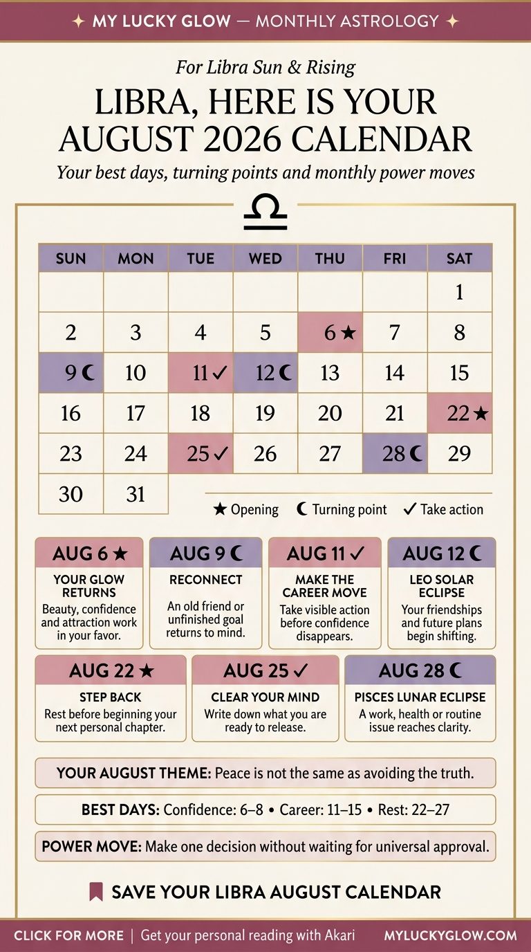 Libra August 2026 astrology calendar showing best days and key dates
