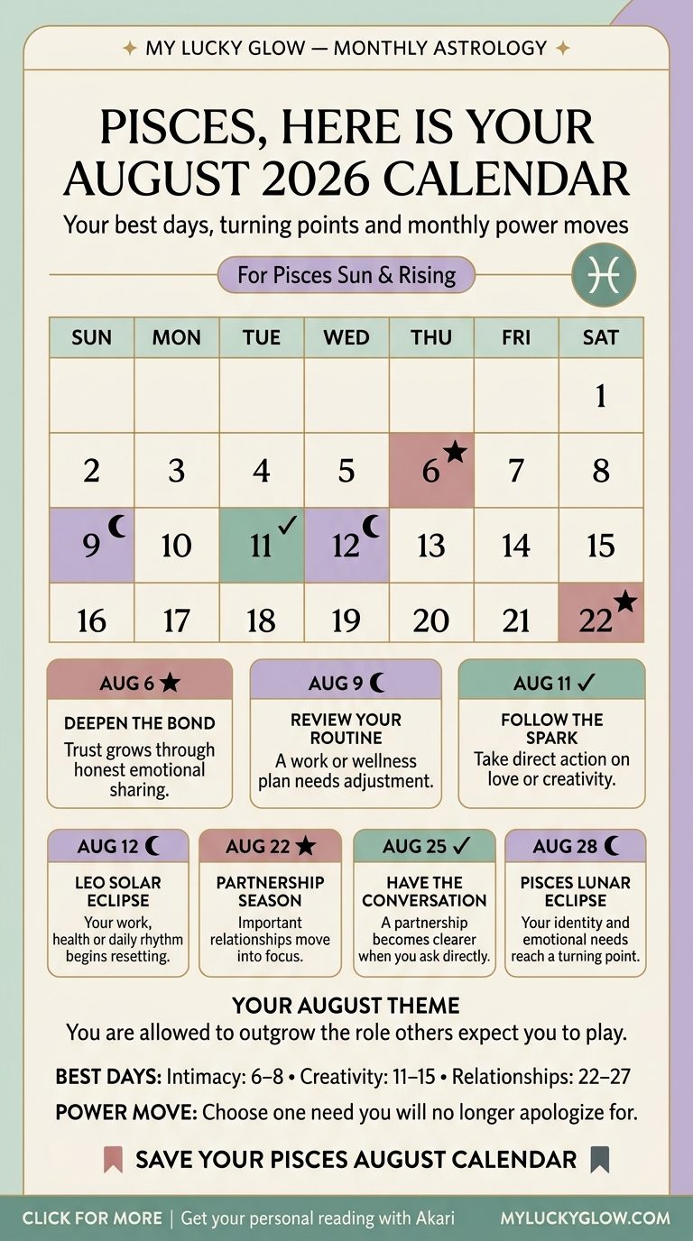 Pisces August 2026 astrology calendar showing best days and key dates
