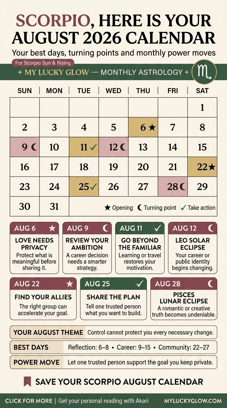 Scorpio August 2026 astrology calendar showing best days and key dates