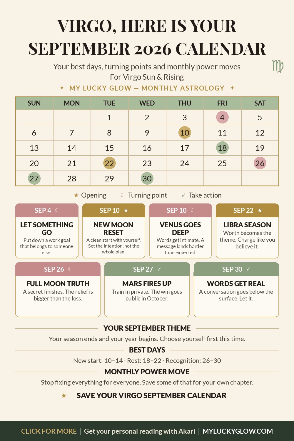 Virgo September 2026 astrology calendar showing best days and key dates
