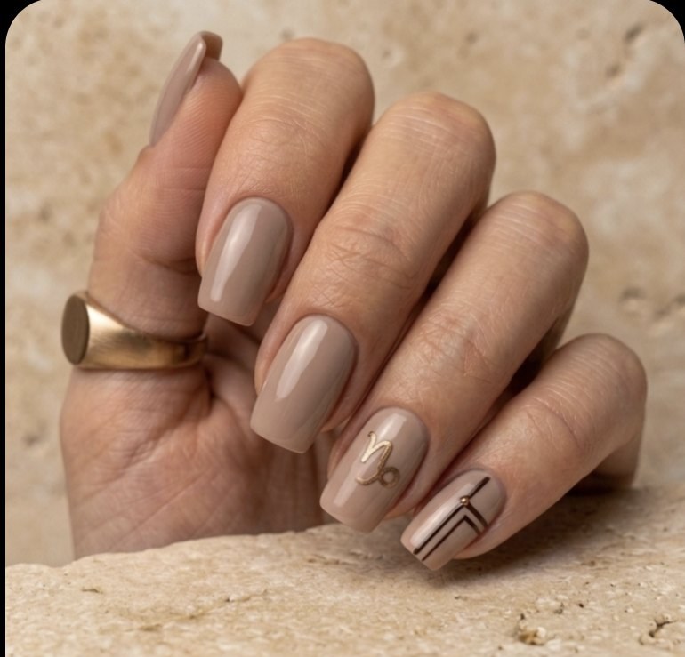 Minimal Capricorn manicure with mushroom taupe soft square nails, brushed bronze accents, Capricorn glyph and espresso structured lines.